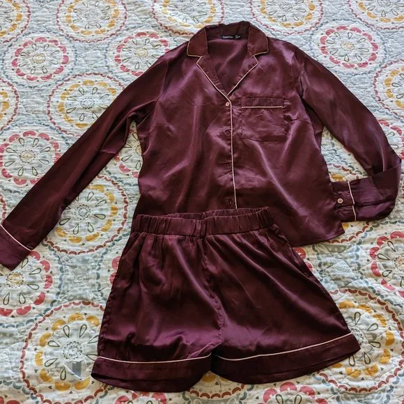 EUC Red Satin PJ Set - Burgundy - Boohoo - Picture 4 of 5